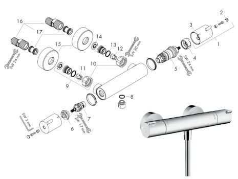 Hansgrohe Ecostate 1001 CL thermostatic bar mixer shower - chrome (13211000) spares breakdown diagram