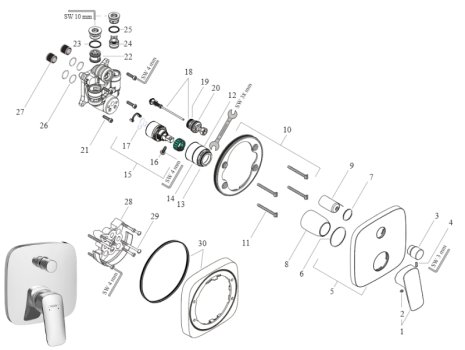 hansgrohe Logis Single Lever Concealed Manual Bath Mixer - Integrated Backflow Prevention - Chrome (71407000) spares breakdown diagram