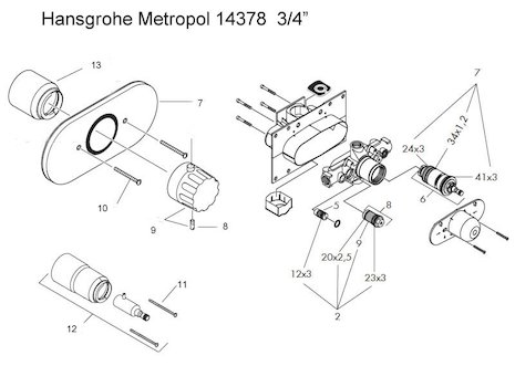Hansgrohe Metropol 3/4" shower valve (14378) spares breakdown diagram
