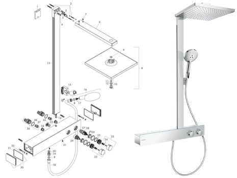 hansgrohe Raindance E 1jet Showerpipe 300 With ShowerTablet 600 Mixer Shower (27363000) spares breakdown diagram