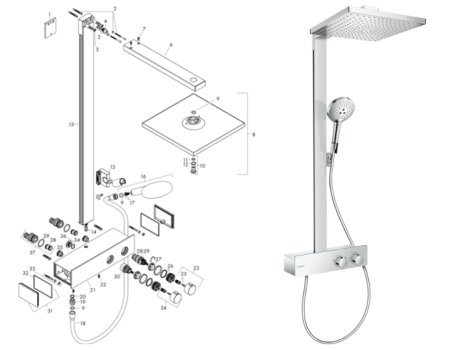 hansgrohe Raindance E Showerpipe 300 1jet with ShowerTablet 350 Mixer Shower (27361000) spares breakdown diagram