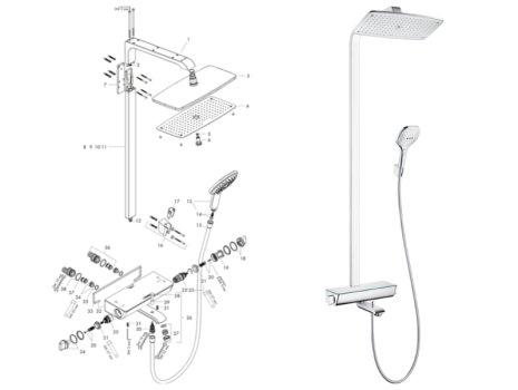 hansgrohe Raindance E Showerpipe 360 1jet Thermostatic Bath Mixer (27113000) spares breakdown diagram