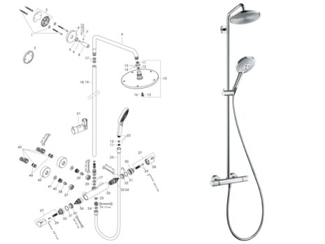 hansgrohe Raindance S Showerpipe 240 1jet EcoSmart Thermostatic Mixer Shower (27116000) spares breakdown diagram
