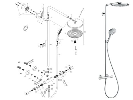 hansgrohe Raindance Select S 2jet Showerpipe 240 Thermostatic Bar Mixer Shower (27129000) spares breakdown diagram