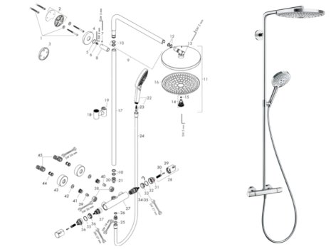 hansgrohe Raindance Select S 2jet Showerpipe 300 Thermostatic Bar Mixer Shower (27133000) spares breakdown diagram