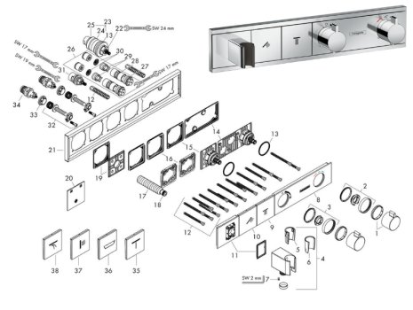 hansgrohe RainSelect Concealed Thermostatic Mixer Shower - 2 Outlets (15355000) spares breakdown diagram