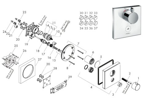 hansgrohe Shower Select Glass HighFlow Thermostatic Mixer (15735400) spares breakdown diagram