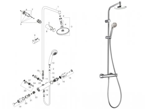 hansgrohe Showerpipe 160 1jet with thermostat (27200000) spares breakdown diagram