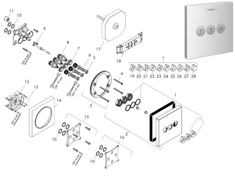 hansgrohe ShowerSelect Concealed  Mixer Valve - 3 Outlets (15764000) spares breakdown diagram