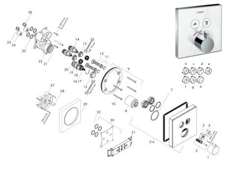 hansgrohe ShowerSelect Glass Concealed Thermostatic Shower Mixer - 2 Outlets - Chrome (15738400) spares breakdown diagram
