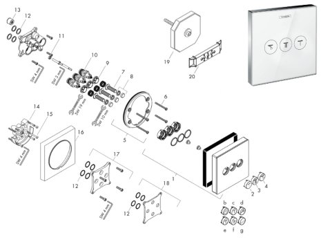 hansgrohe ShowerSelect Glass Mixer Valve - 3 Functions (15736400) spares breakdown diagram
