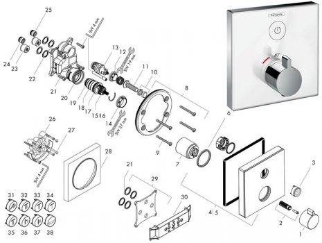 Hansgrohe ShowerSelect Glass thermostatic mixer - 1 outlet (15737400) spares breakdown diagram