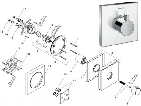 Hansgrohe ShowerSelect Glass thermostatic mixer HighFlow (15734400) spares breakdown diagram