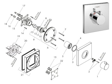 hansgrohe ShowerSelect HighFlow Concealed Thermostatic Mixer (15760000) spares breakdown diagram