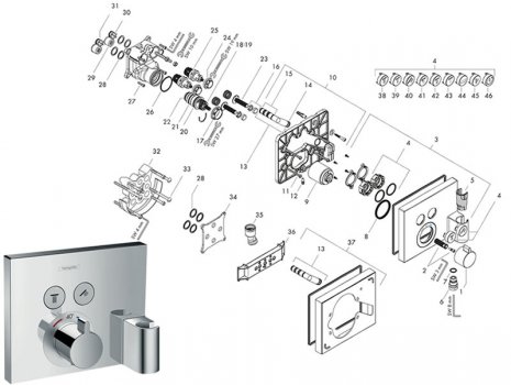 Hansgrohe ShowerSelect recessed mixer for 2 outlets with hose connector and shower holder (15765000) spares breakdown diagram