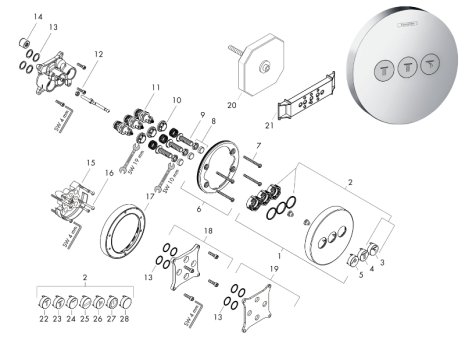 hansgrohe ShowerSelect S Concealed Mixer Valve - 3 Outlets (15745000) spares breakdown diagram