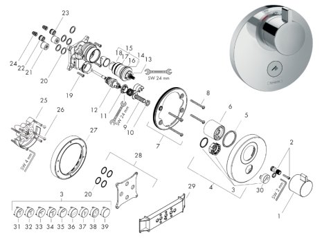 hansgrohe ShowerSelect S HighFlow Concelaed Thermostatic Mixer - Chrome (15742000) spares breakdown diagram