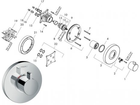 Hansgrohe ShowerSelect S HighFlow recessed shower mixer - chrome (15741000) spares breakdown diagram