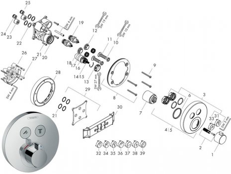 Hansgrohe Showerselect S thermostatic mixer for 2 outlets (15743000) spares breakdown diagram