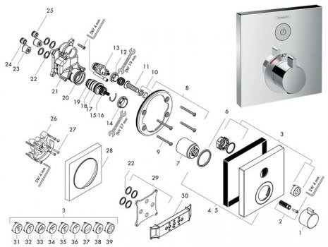 Hansgrohe ShowerSelect thermostatic mixer for concealed installation - 1 outlet - chrome (15762000) spares breakdown diagram
