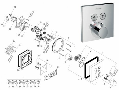Hansgrohe ShowerSelect thermostatic mixer for concealed installation - 2 outlets - chrome (15763000) spares breakdown diagram