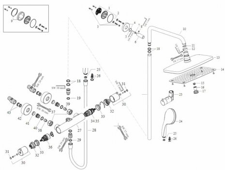 Hansgrohe Talis Puro bar shower mixer with showerpipe (27136000) spares breakdown diagram