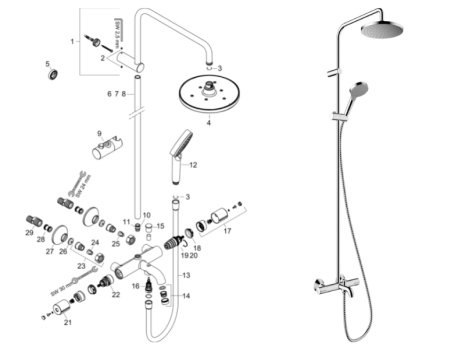 hansgrohe Vernis Blend Showerpipe 200 1jet Thermostatic Bath Mixer Shower (26274000) spares breakdown diagram