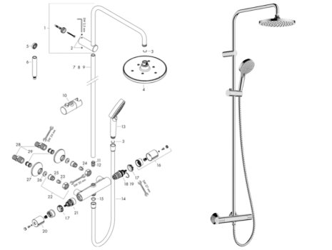 hansgrohe Vernis Blend Showerpipe 200 1jet Thermostatic Mixer Shower (26276000) spares breakdown diagram