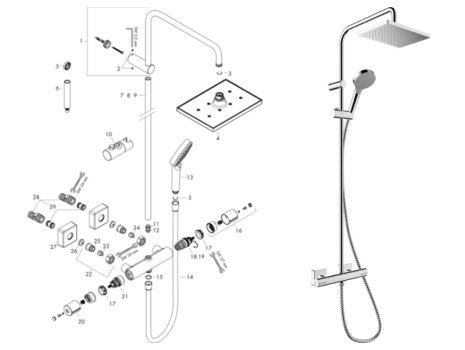 hansgrohe Vernis Shape 1jet Green Showerpipe 230 Bar Mixer Shower (26319000) spares breakdown diagram