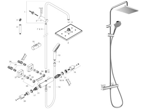 hansgrohe Vernis Shape EcoSmart 1jet Showerpipe 230 Bar Mixer Shower (26097000) spares breakdown diagram
