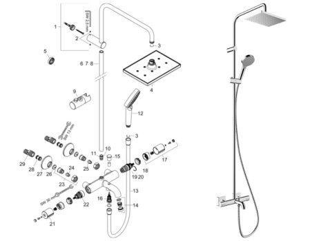 hansgrohe Vernis Shape Showerpipe 230 1jet EcoSmart Thermostatic Bath Mixer Shower (26098000) spares breakdown diagram