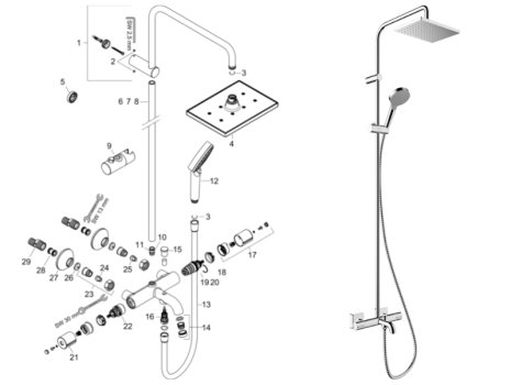 hansgrohe Vernis Shape Showerpipe 230 1jet Thermostatic Bath Mixer Shower (26284000) spares breakdown diagram