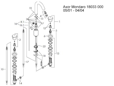 Hansgrohe Axor Mondaro 3 hole basin mixer (18033) spares breakdown diagram