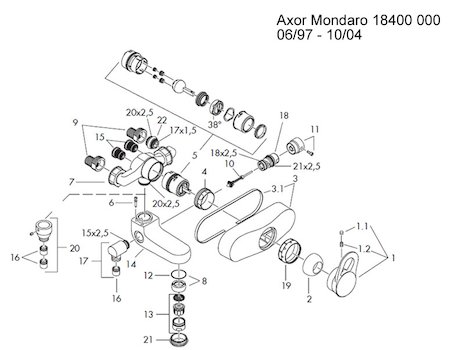 Hansgrohe Axor Mondaro bath/shower mixer 06/97 (18400) spares breakdown diagram