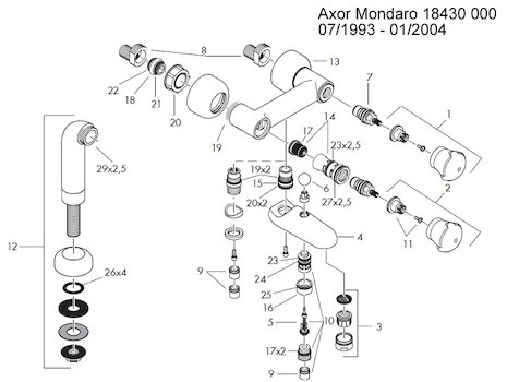 Hansgrohe Axor Mondaro bath/shower mixer (18430) spares breakdown diagram