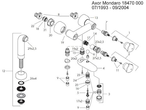 Hansgrohe Axor Mondaro bath/shower mixer (18470) spares breakdown diagram