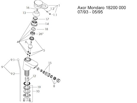 Hansgrohe Axor Mondaro bidet mixer (18200) spares breakdown diagram