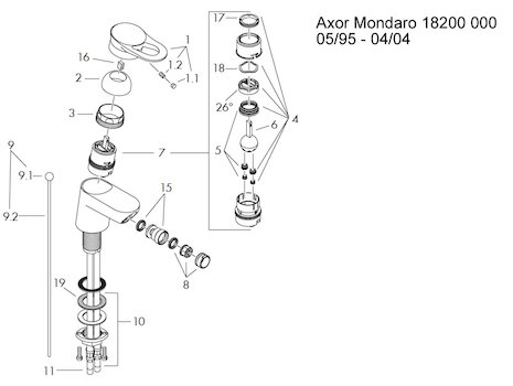 Hansgrohe Axor Mondaro bidet mixer tap (18200) spares breakdown diagram