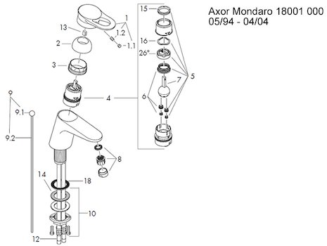Hansgrohe Axor Mondaro mono basin mixer (18001) spares breakdown diagram