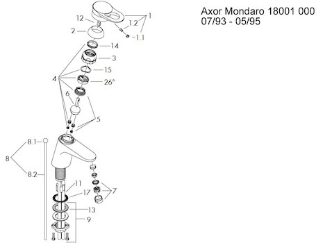 Hansgrohe Axor Mondaro mono basin mixer (18001000) spares breakdown diagram