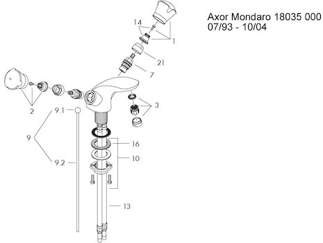 Hansgrohe Axor Mondaro mono basin mixer (18032) spares breakdown diagram