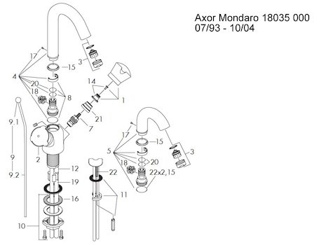 Hansgrohe Axor Mondaro mono basin mixer short spout (18035) spares breakdown diagram