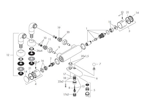 Hansgrohe Ecostat 2001 bath/shower mixer - (1993-1999) (13345 93-99) spares breakdown diagram