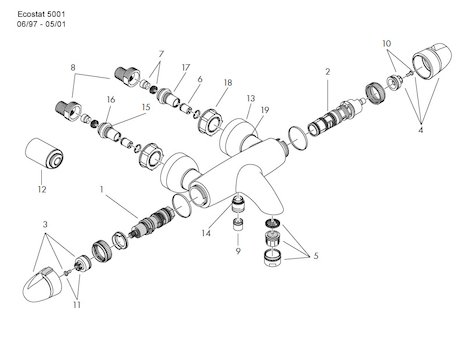 Hansgrohe Ecostat 5001 bath/shower mixer (1997-2001) (15430) spares breakdown diagram