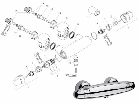 Hansgrohe Ecostat 5001 bar mixer shower (15360) spares breakdown diagram