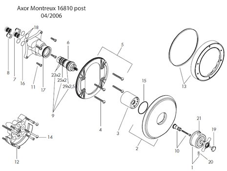 Hansgrohe Montreux Thermostatic mixer (16810) spares breakdown diagram