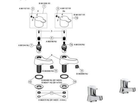 Ideal Standard Calista bath pillar taps (B1147AA) spares breakdown diagram
