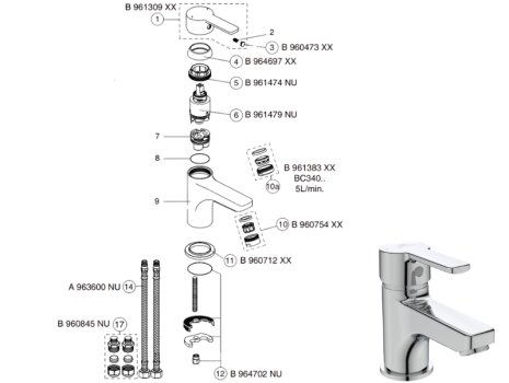 Ideal Standard Calista mini basin mixer no waste (BC340AA) spares breakdown diagram