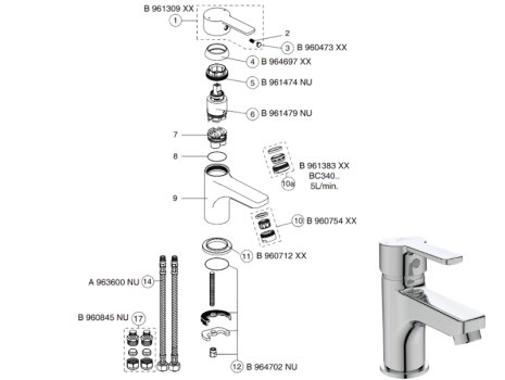 Ideal Standard Calista single lever basin mixer no waste (B1149AA) spares breakdown diagram