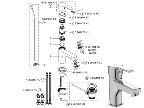 Ideal Standard Calista single lever basin mixer with pop-up waste (B1148AA) spares breakdown diagram
